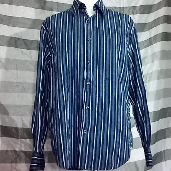 Perry Ellis Medium Men's Long Sleeve Button Up Dress Shirt Blue/White Stripes - Picture 8 of 8